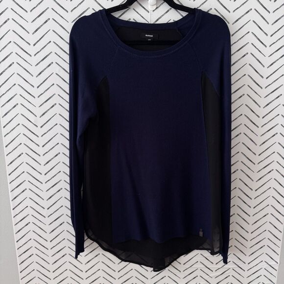 RUDSAK Dionne Sweater Navy Blue Sheer Sides Size Medium Business Casual Chic - Picture 1 of 8